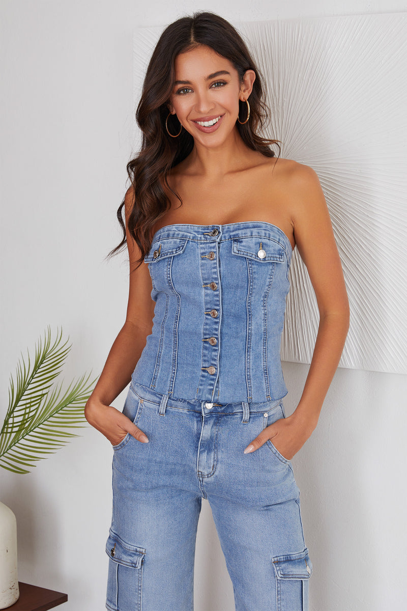 Washed Denim Corset Tube Top Sweet Sleeveless Top