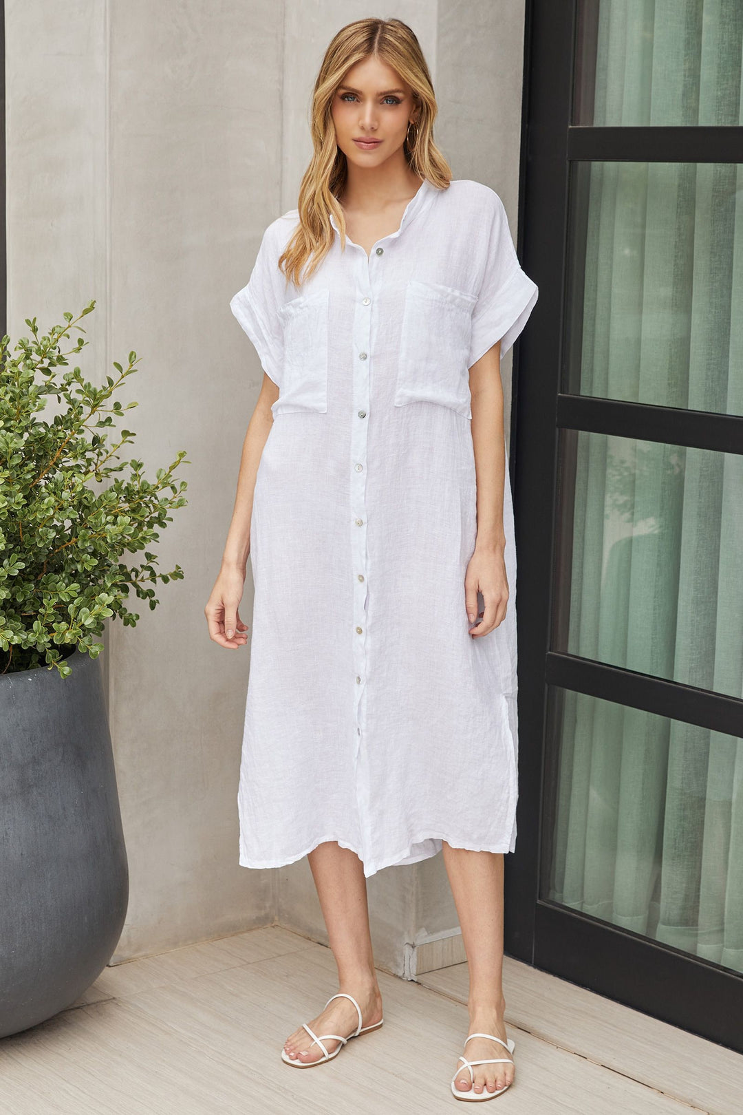Women's Dress | Micaela Mandarin Collar Linen Shirt Dress | Made in Italy | Oriana Lifestyle Women's Dress | Micaela Mandarin Collar Linen Shirt Dress | Made in Italy | Oriana Lifestyle