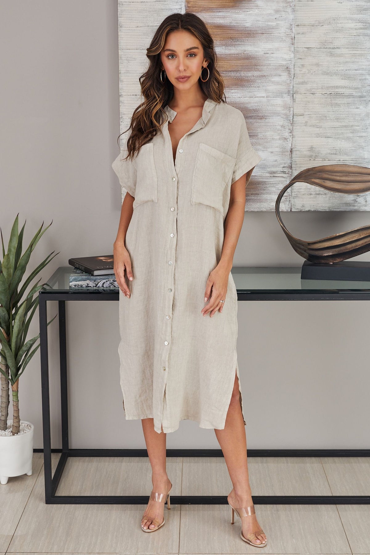 Women's Dress | Micaela Mandarin Collar Linen Shirt Dress | Made in Italy | Oriana Lifestyle Women's Dress | Micaela Mandarin Collar Linen Shirt Dress | Made in Italy | Oriana Lifestyle
