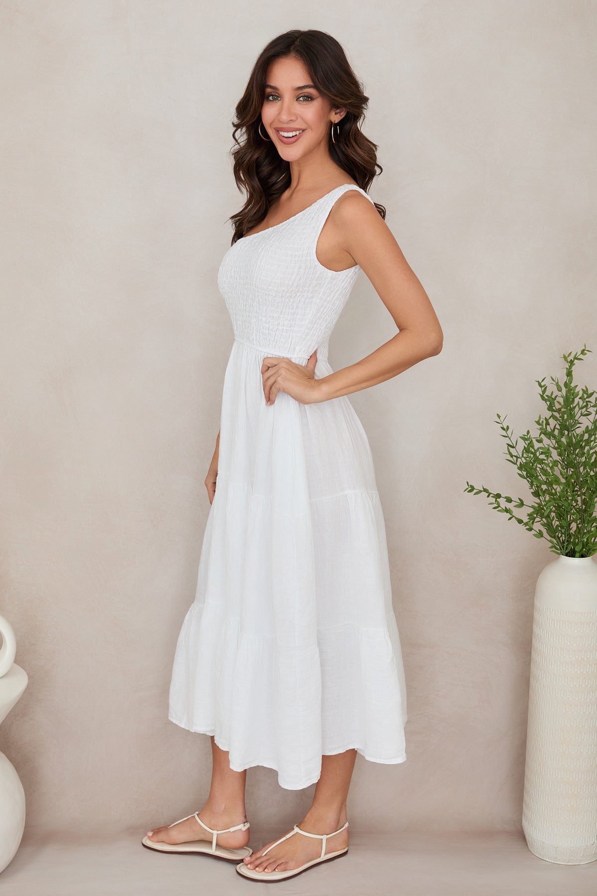 Women's Dress | Lila Shirred One Shoulder Linen Maxi Dress | Made in Italy | Oriana Lifestyle Women's Dress | Lila Shirred One Shoulder Linen Maxi Dress | Made in Italy | Oriana Lifestyle