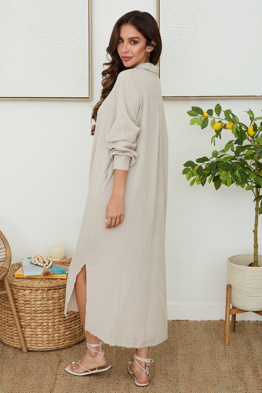 cotton gauze button down dress Cotton Gauze Button Down Dress w/ Front Tucks & Pockets