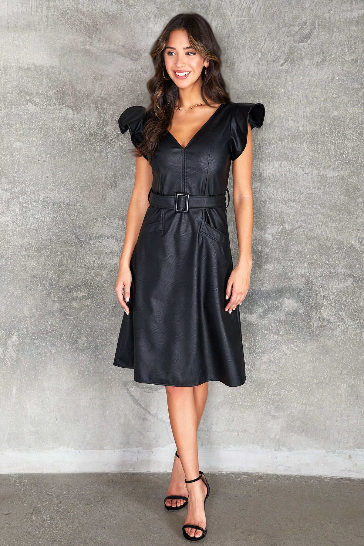 The Faux Leather Ruffle V-Neck Dress orianalifestyle.com The Faux Leather Ruffle V-Neck Dress orianalifestyle.com